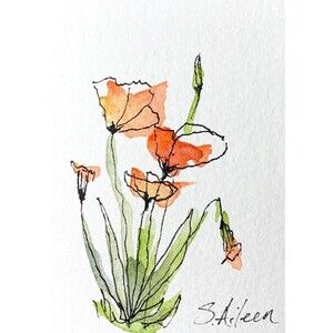 ACEO Painting Watercolor Ink Poppy Flower Red Yellow Botanical Minimal Signed